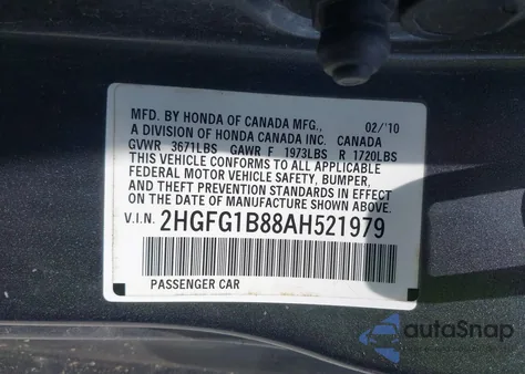 2010 Honda Civic Ex из США, поврежденный, VIN 2HGFG1B88AH521979